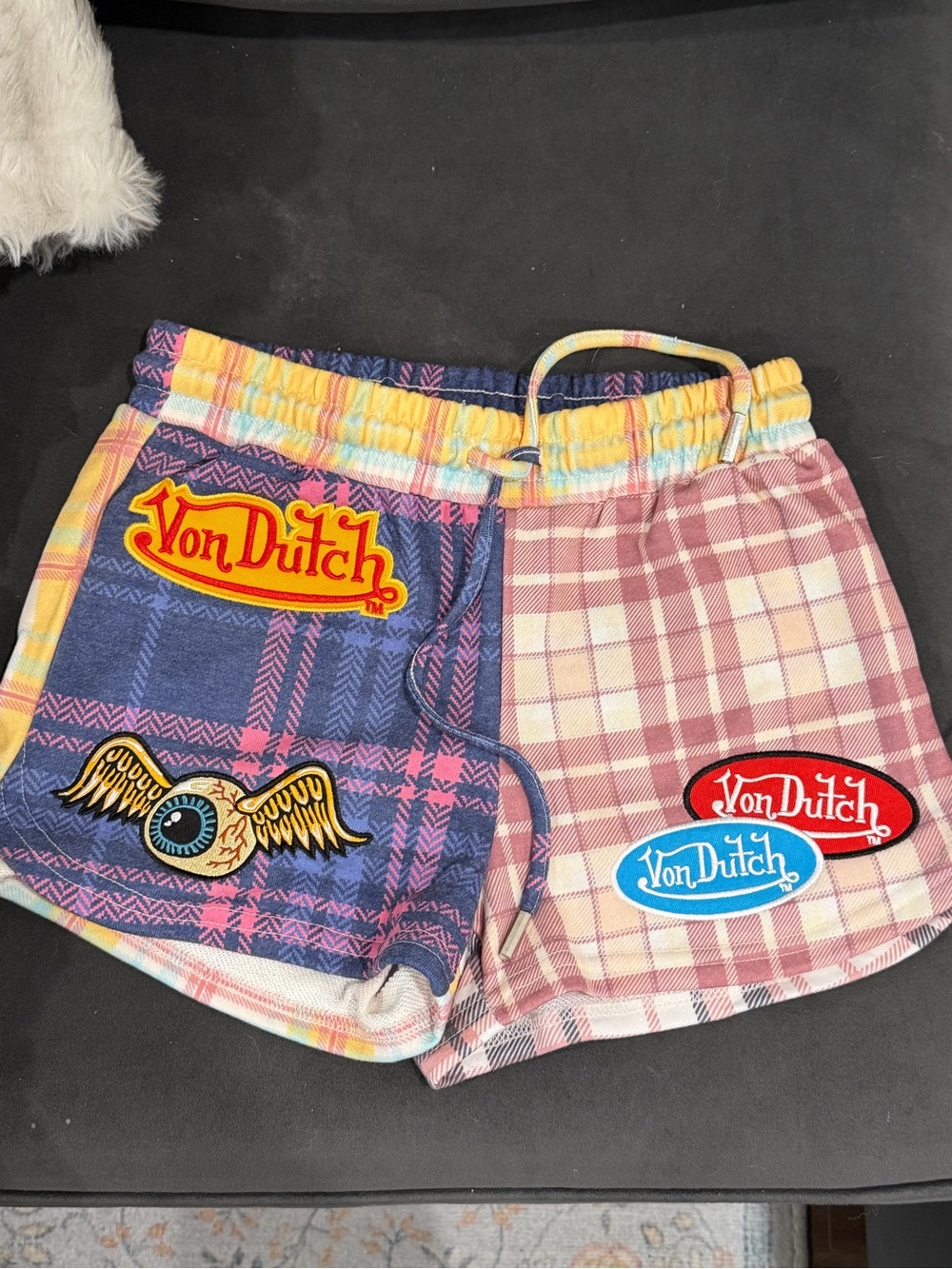 Von Dutch Plaid Patchwork Shorts in Pink & Blue